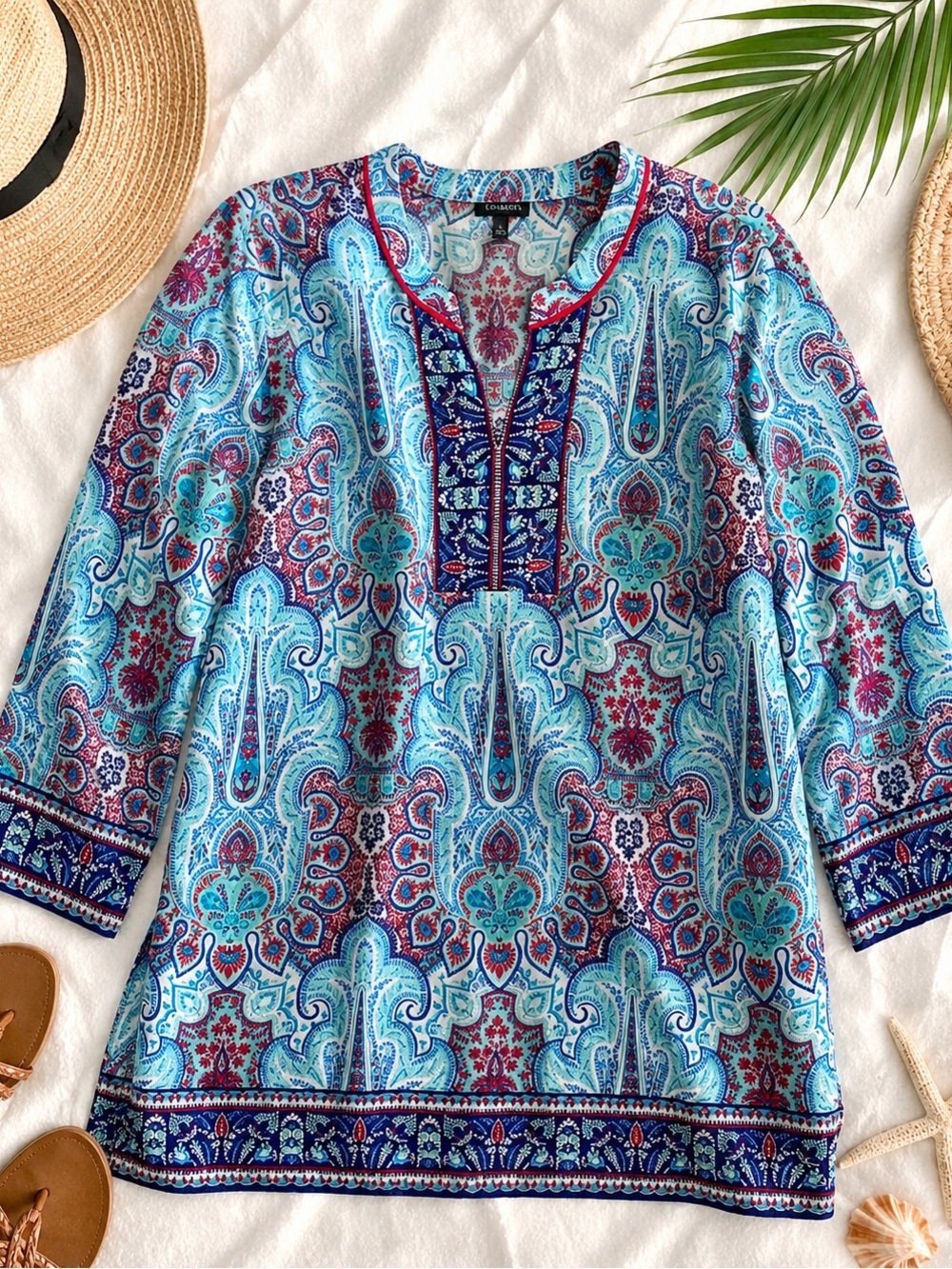 Talbots Paisley Tunic Blouse Large Blue Aqua Red 100% Cotton Boho Beach Cover Up